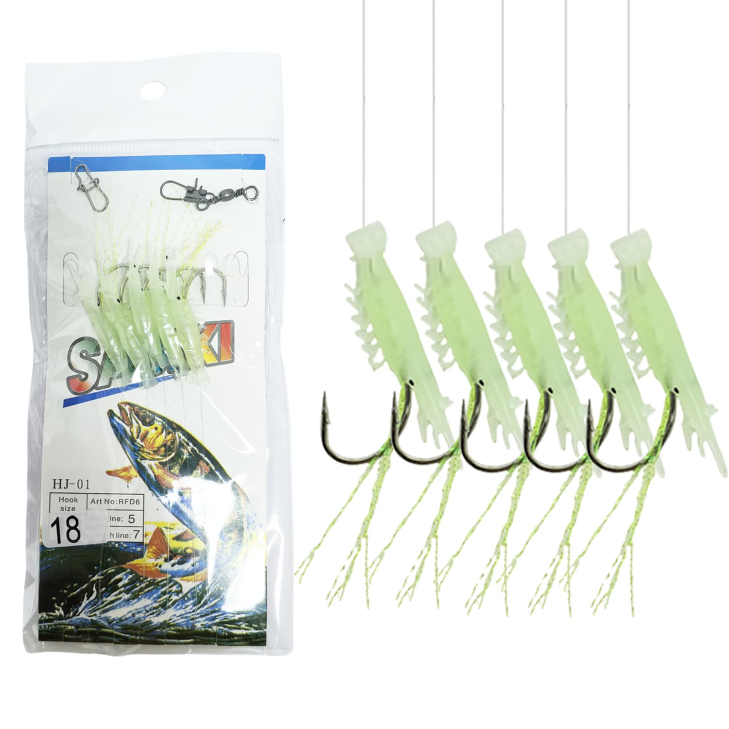Shrimp Feathers 5 Hook Size 2/0 Sea Mackerel Fishing Rigs Living Prawn Sabiki (Llluminous - 1 Pack)