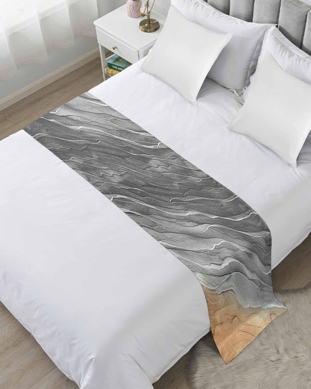 Ocean Grey Bed Runner Scarf Bedding Accessory For Queen Size Bed,Soft Bed Scarves And Runners Stainproof Bedroom Decor For Hotel Wedding Room,Gradient Waves Abstract Contemporary Beach 94"x20"