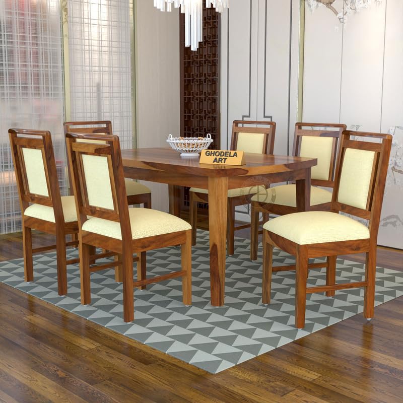 Image of Sheesham Wood Oval Dining Table with Cushion Chairs Set for Home Hall | Solid Wood Dinner Table with Chairs for Hotels | Dining Room Sets (Natural Finish, 6 Seater)