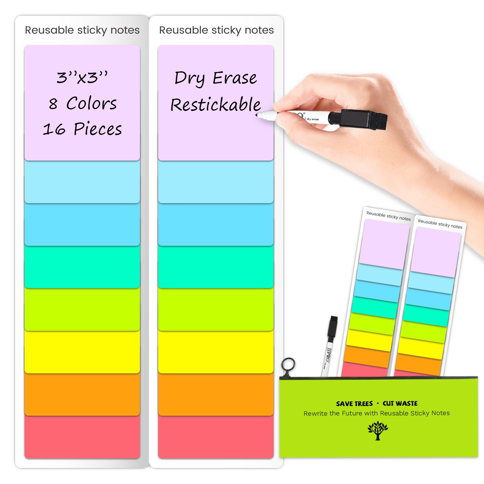 JJPRO Dry Erase Sticky Notes -8 Colors Reusable Whiteboard Stickers 3"x3"-16 Pack. Suitable for All Smooth Surface.Great for Labels, Lists, Reminders and Decals-Washable,Removable