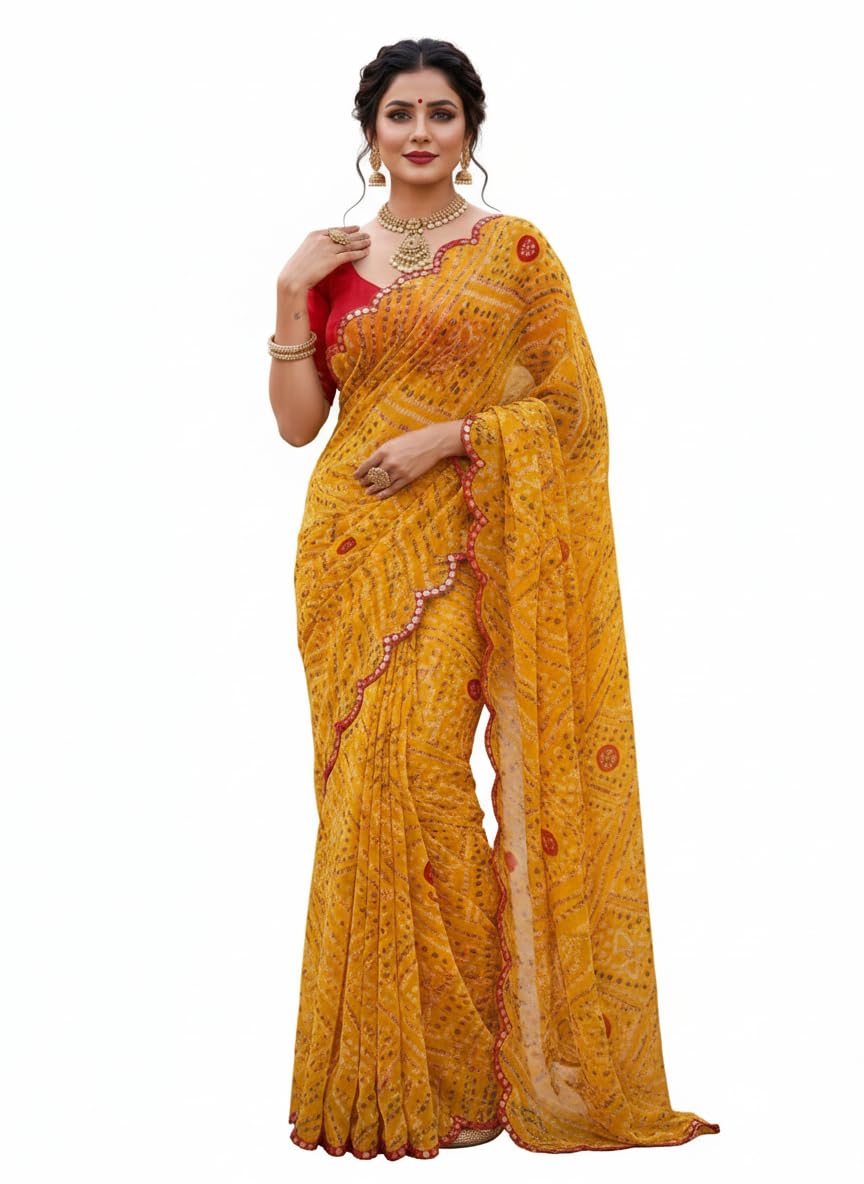 neshvi enterprise Women’s Pink Bandhani Print Saree with Contrast Green Blouse-picture-39
