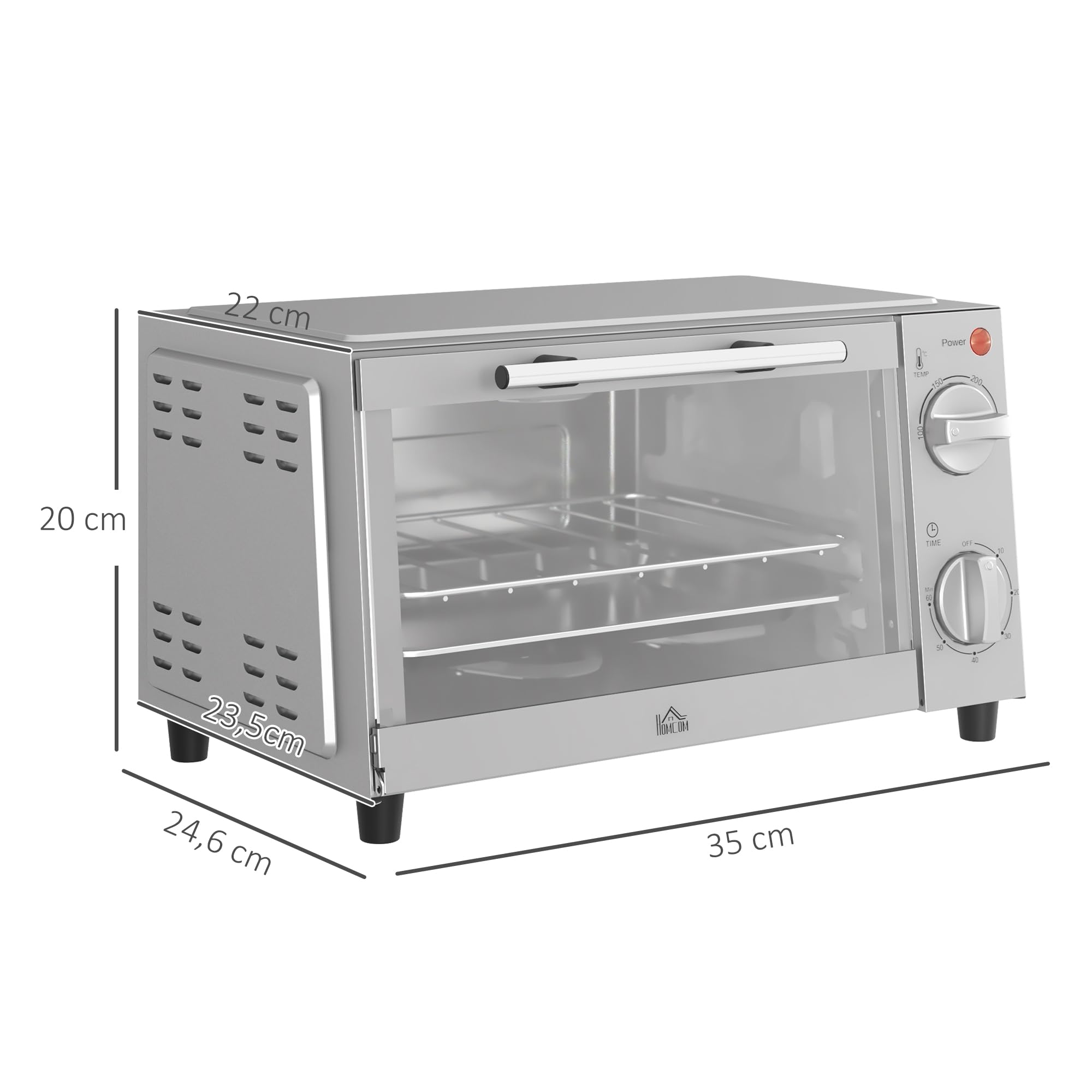 HOMCOM Mini-four 9L Mini four avec plaque de cuisson, grille, 100 °C-230 °C, avec température et durée de cuisson réglables, minuterie 60 min, 750W, inox, argent