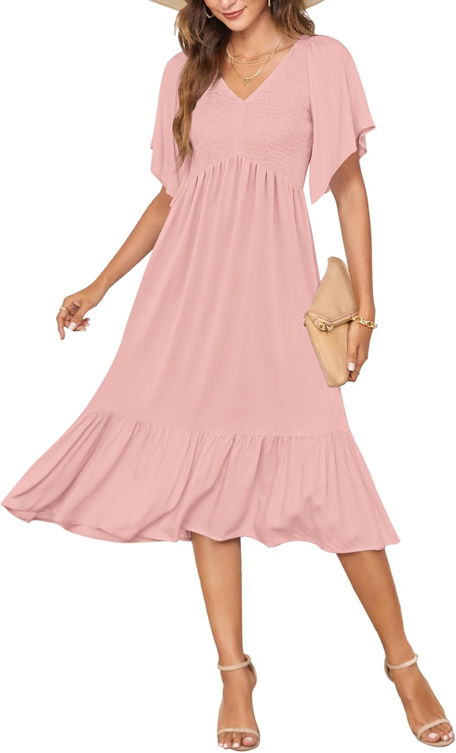 AUSELILY Women’s Summer Empire Waist Dress Smocked Flutter Short Sleeve V Neck Midi Dresses 2025 New AUSELILY Women’s Summer Empire Waist Dress Smocked Flutter Short Sleeve V Neck Midi Dresses 2025 New