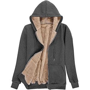 AOTORR Ladies Plain Hoodie Winter Warm Fleece Lined Zip Up Jacket Coat for Women