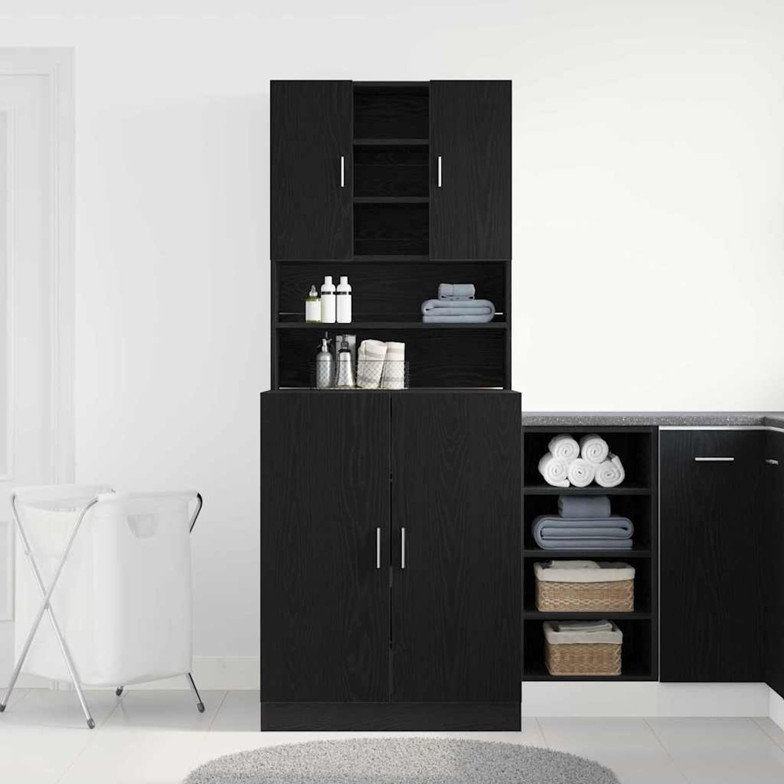 Mobile per Lavatrice in Legno Ingegnerizzato, Rovere Nero, 70,5x71,5x181,5 cm, 2 Pezzi, Design Moderno Minimalista, Resistente e Durevole, Peso Max 120 kg, per Lavanderia e Soggiorno