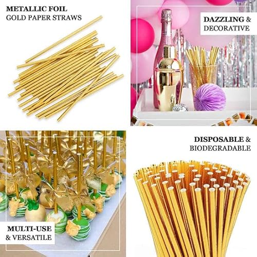 Tableclothsfactory 50 Pack | 8" Metallic Gold Foil Food Grade Paper Drinking Straws, Biodegradable Disposable Party Straws #TOP5