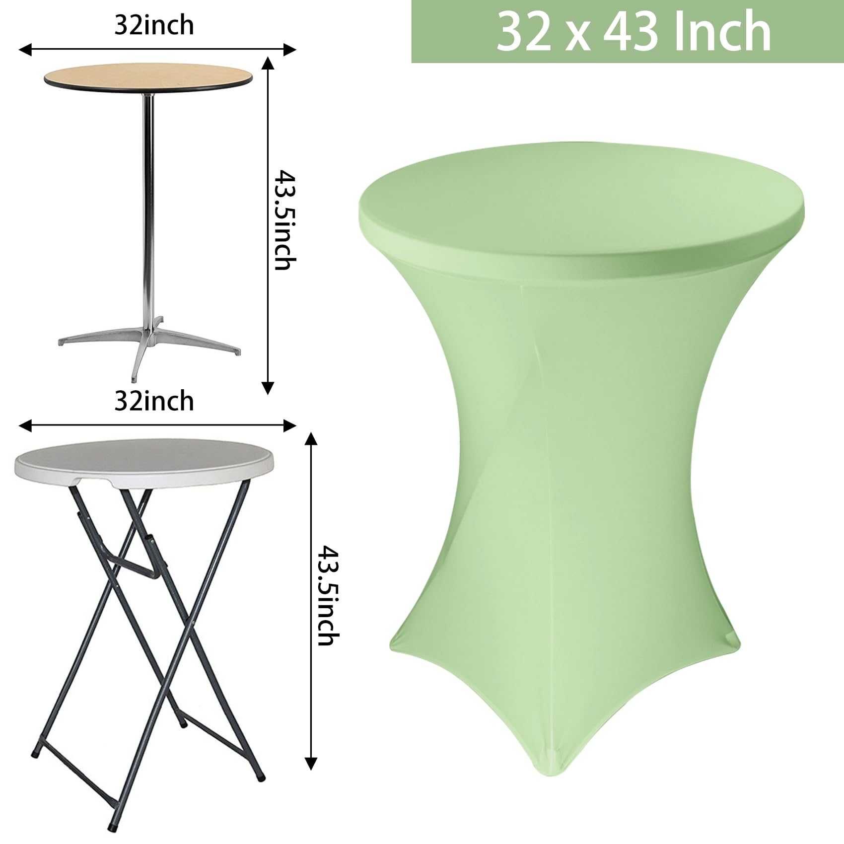 Paquete de 6 manteles de cóctel de elastano de 32 x 43 pulgadas, color verde salvia, esquinas cuadradas, mantel de cóctel, mesa redonda ajustable de parte superior alta para bar, boda, fiesta de