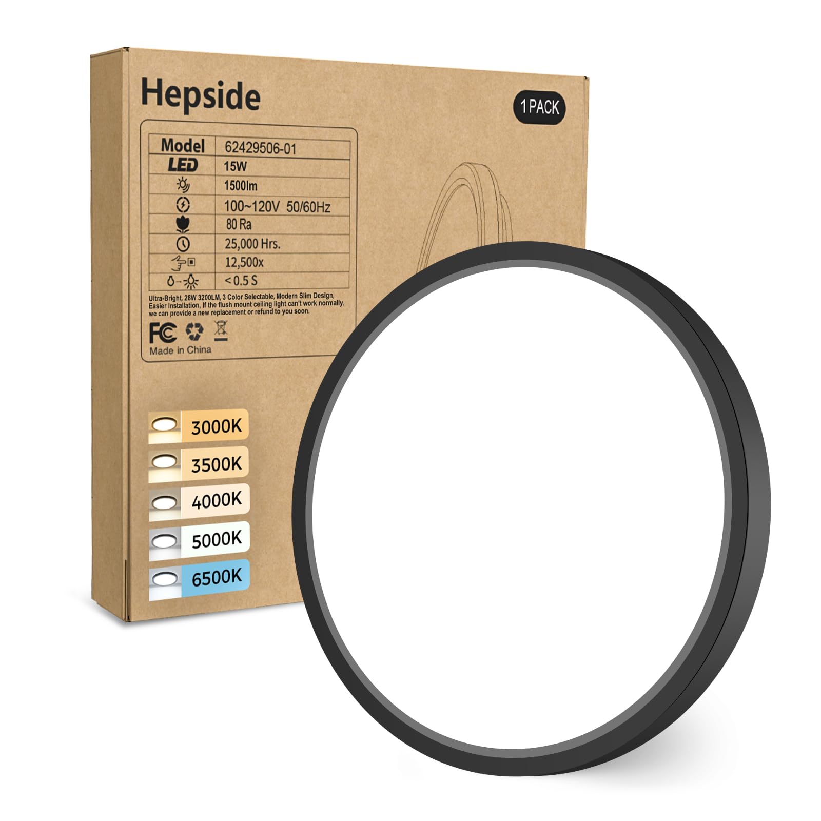 hepside Bathroom Light, 3000K/3500K/4000K/5000K/6500K 5CCT LED Ceiling Lights, Ø18cm, 15W, Modern, Waterproof, Flush Ceiling Light for Bathroom, Kitchen, Bedroom, Hallway, Black