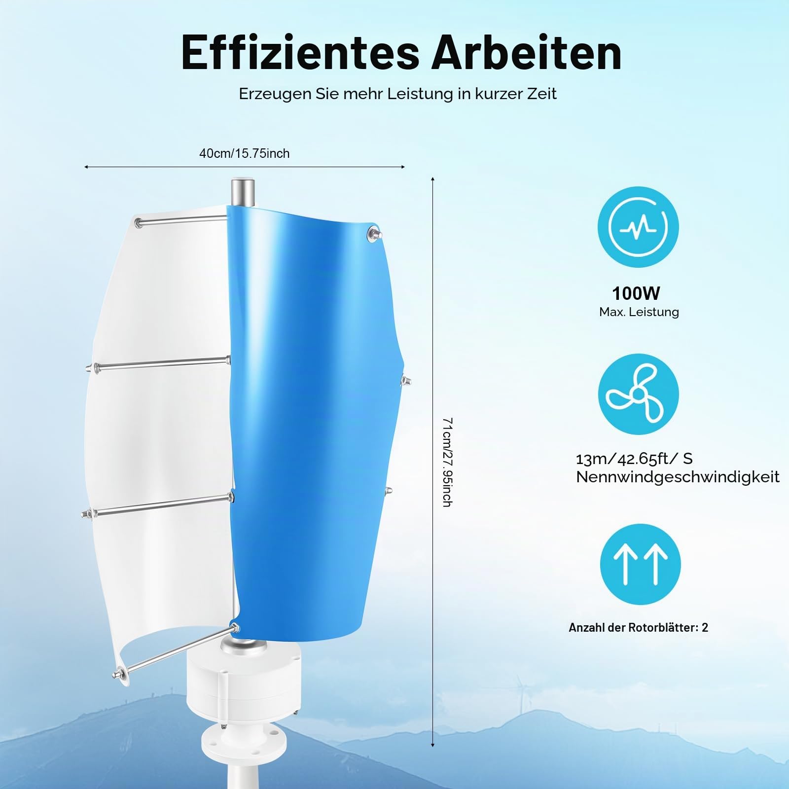 24V-Windkraftanlage mit 100W, Windkraftanlage für den Hausgebrauch, mit Steuerungssystem, vertikalachsige Windkraftanlage mit zwei Flügeln, geeignet für die Stromversorgung von Haushalten