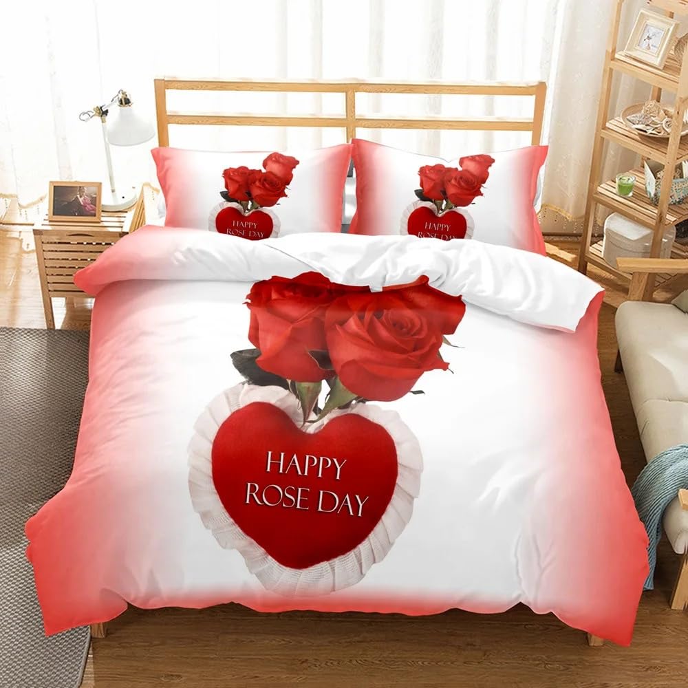 Parure de lit 140x200 Happy Rose Day pour couples célébrant l'amour avec un motif cœur tendre