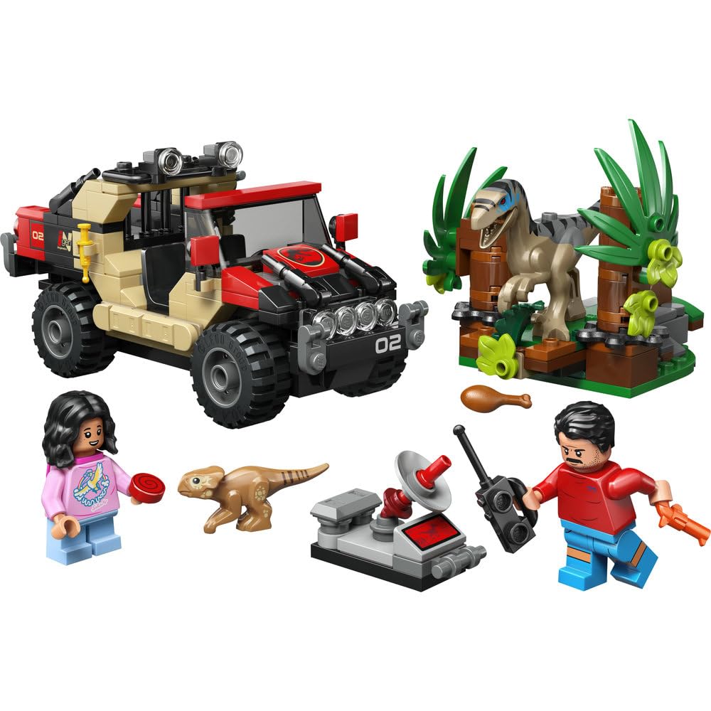 LEGO Jurassic World Ucieczka terenówką przed raptorem, zabawka dla dziecka, dla chłopca i dziewczynki, figurka welociraptora, pomysł na prezent dla miłośników dinozaurów w wieku od 6 lat 76972