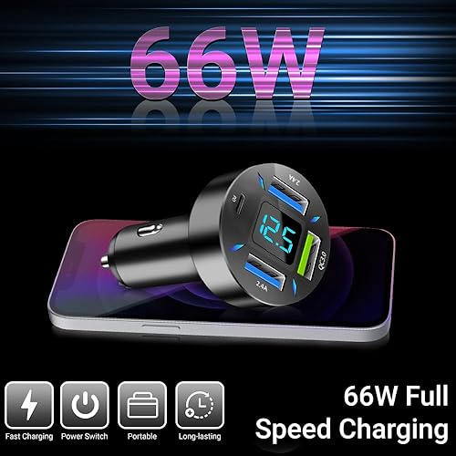Cargador de coche USB C RDRKR 66 W, cargador USB de 4 puertos, cargador de coche, QC 3.0, PD, 2.4 A, adaptador de encendedor de cigarrillos