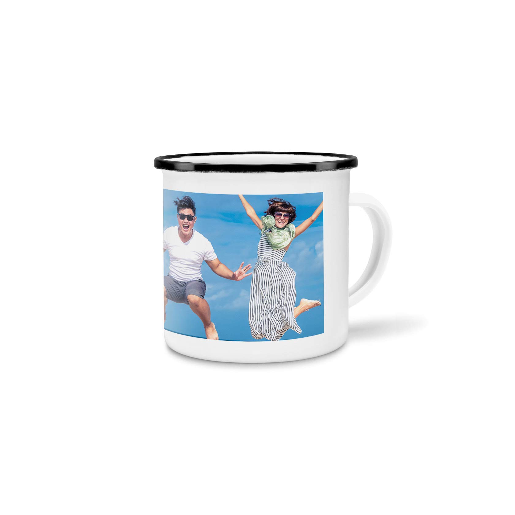 Metall-Tasse selbst gestalten/Personalisierbar mit eigenem Foto oder Text bedrucken/Fototasse/Motivtasse/Camping/Emaille - Schwarzer Rand