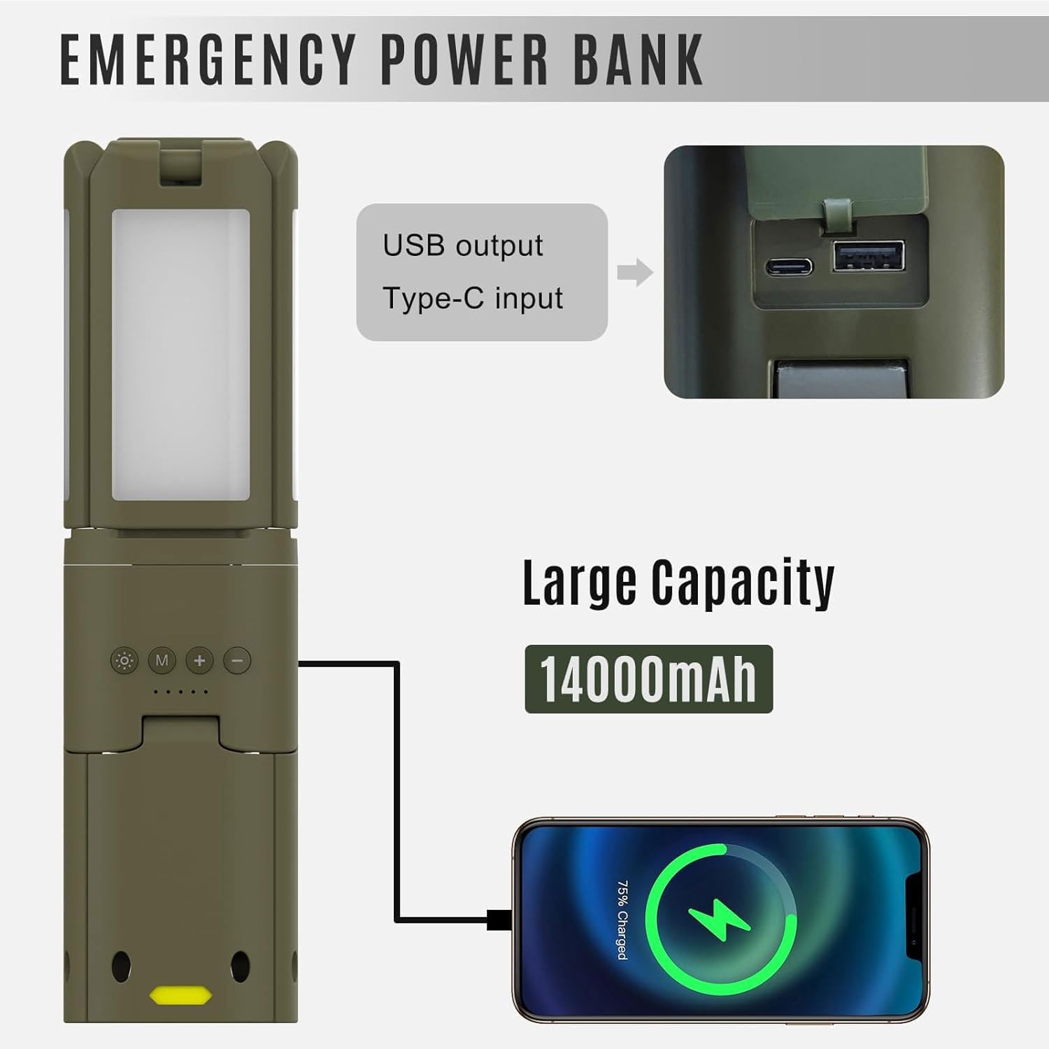 3-in-1 Led Campinglampe Aufladbar Teleskop, 6000LM Camping Laterne Magnetische Taschenlampe 14000mAh Powerbank 3 Farbtemperaturen Wasserdicht Outdoor Wandern Autoreparatur Abenteuer Notfall (Khaki)