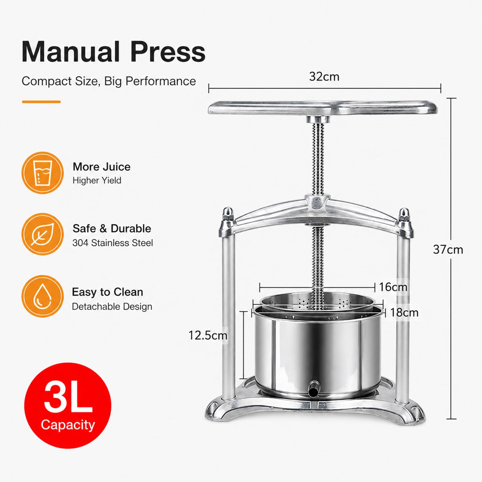 Ręczna prasa do wina owocowego 3 l/6 l, ze stali nierdzewnej i aluminium 3L