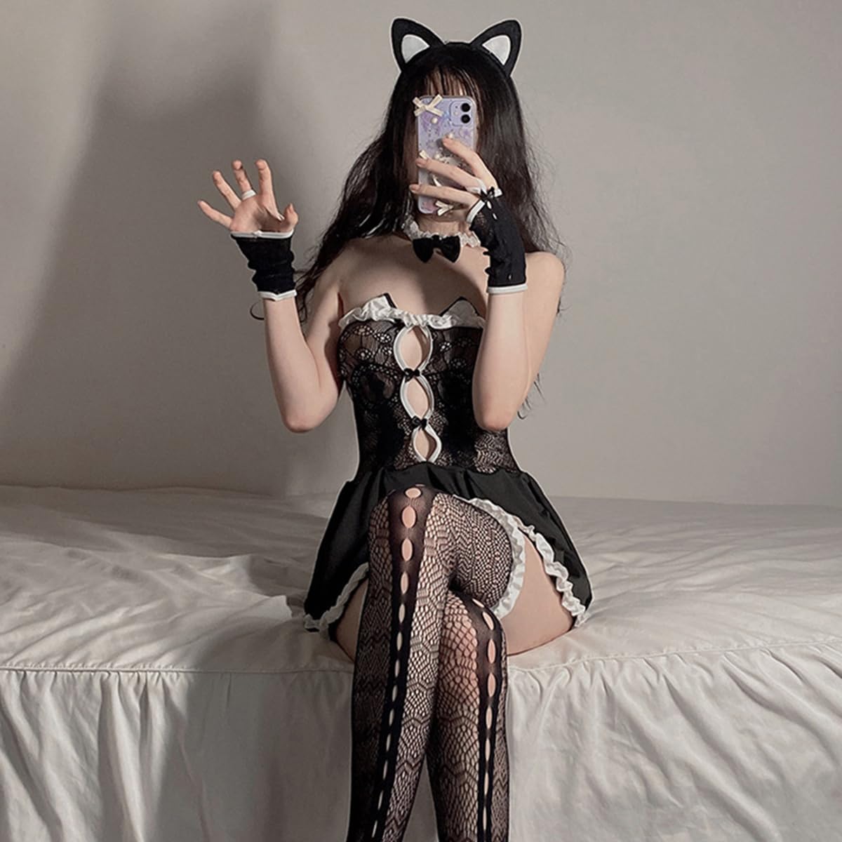SNOMYRS Sexy Maid Lingerie Cat Anime Cosplay Costume Mesh Lolita Dress Kawaii Lingerie French Maid Dress Socks Cat Ear Set