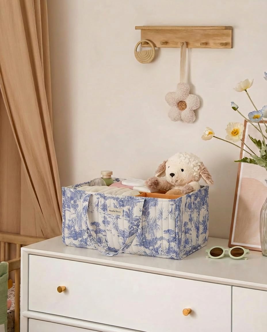 Starnearby Panier de Rangement Bébé en Tissu Matelassé, Panier à Couches pour Bébé à Motif Floral, Rangement pour Couche et Lingette, Organiseur de Couches pour Table à Langer, Voiture (Fleurs bleues)