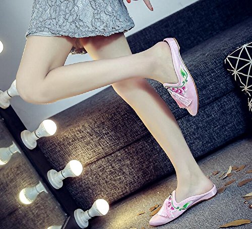 Lazutom Women Lady Chinese Style Vintage Embroidery Tassels Point Toe Indoor Outdoor Slipper3
