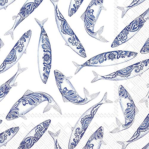 IHR - L 897790 - Paper napkins, lunch napkins, pack of 20, fish, decorative fish, white, 16.5 cm x 16.5 cm, 3-ply.