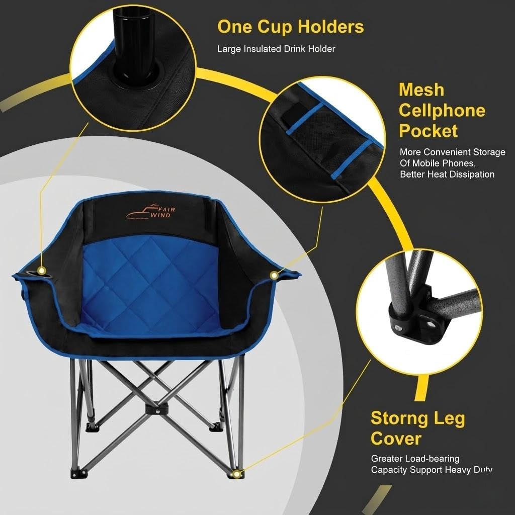 FAIR WIND Oversized Padded Camping Chair Heavy Duty Quad Fold Arm Chair Portable for Outdoor - Support 500LBS, Blue