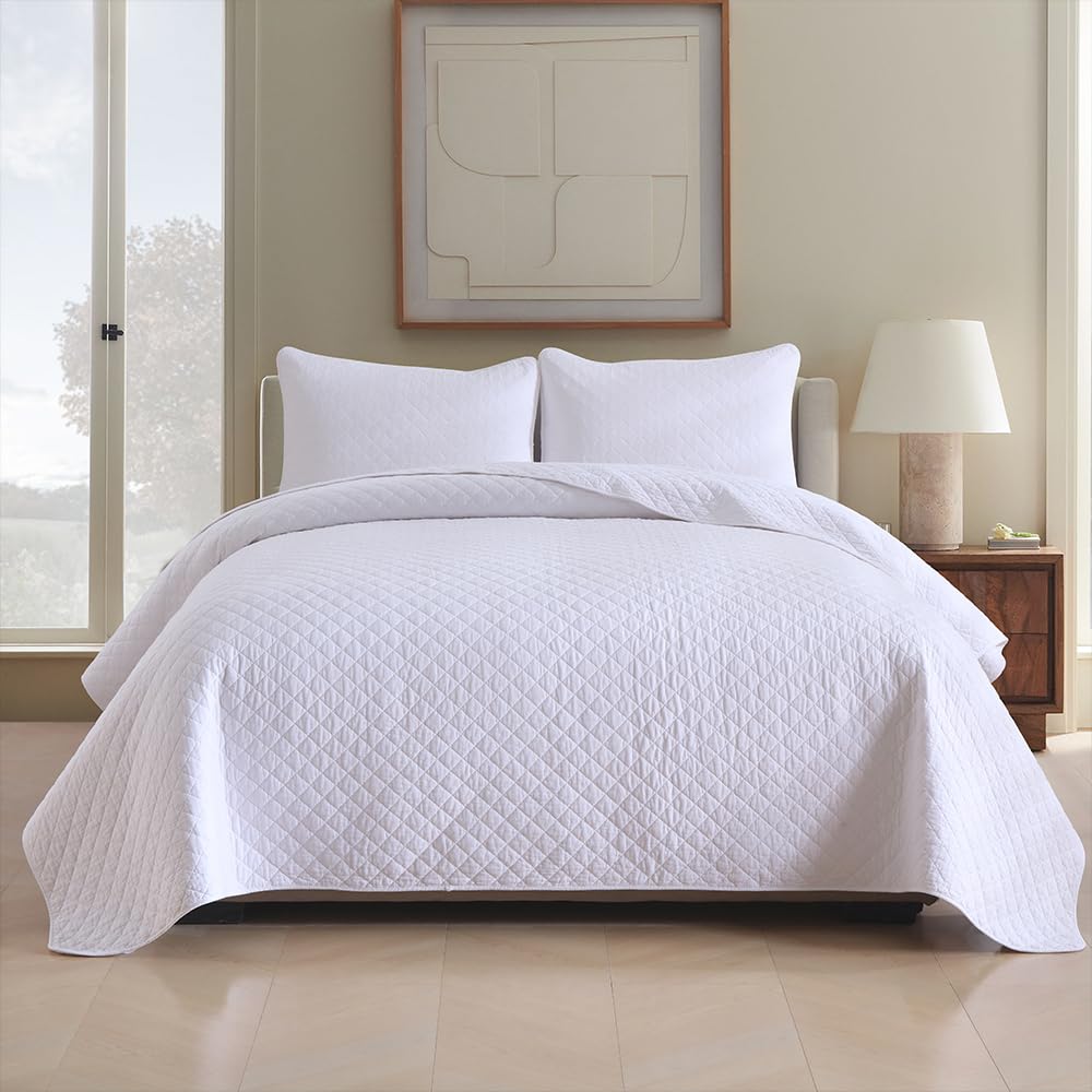 Wistown Cotton King Quilt Bedding Set, 3 Pieces Reversible Lightweight Soft Coverlets Comforters Bedspreads for All Seasons, Diamond Stitching Pattern, White