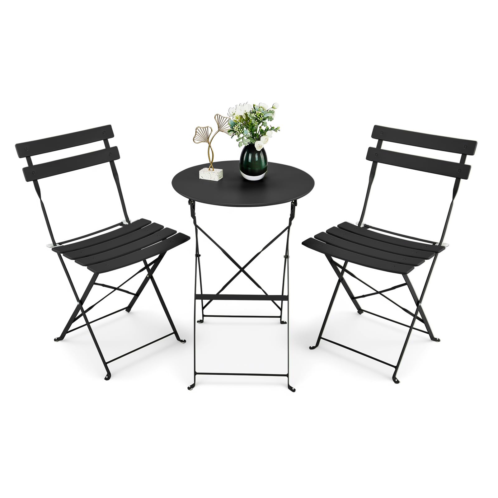 LEADZM Gartenmöbel Bistro Set Metall, Bistroset 3 teilig Klappbar - Bistrotisch mit 2 Klappstühlen, Balkonmöbel Klappbar für Balkon und Garten, Schwarz