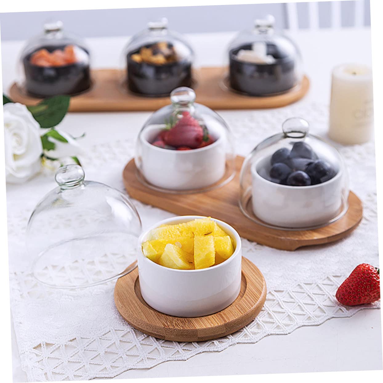 2 Juegos Bol para Postres con Tapa de Vidrio Transparente y Bandeja Cuenco para Servir Ensaladas y Aperitivos Resistente y Duradero para Regalar y Uso Diario