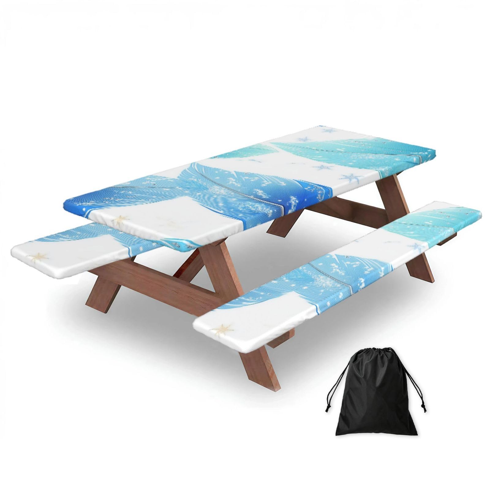 Nappe de pique-nique ajustée avec housses de banc, nappe de camping imperméable, motif plumes bleues, 183 cm
