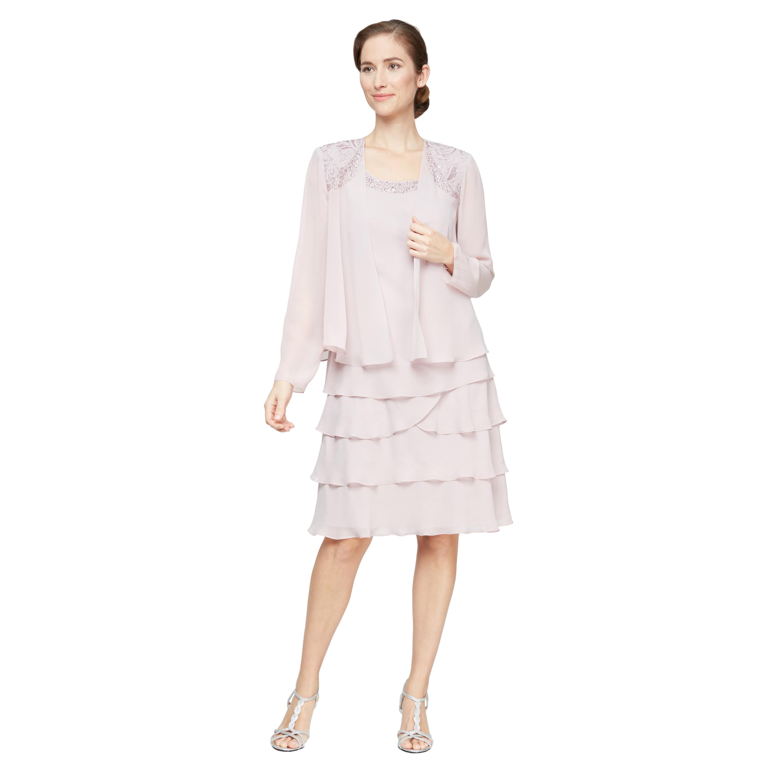 S.l. Fashions Women's Lavender Frost Mother Of The Bride Tiered Jacket Dress With Shoulder Embellishment Special Occasion, 10 Petite