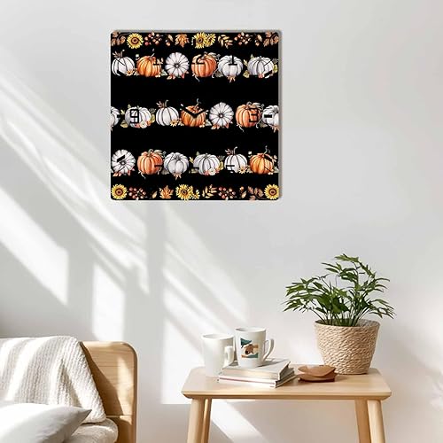 Miniatura 2 de Pumpkins Fall Wooden Wall Clock Silent Non Ticking, Farmhouse Maple Leaves Thanksgiving Black Square Wall Clock Battery Operated, Decor Clock for