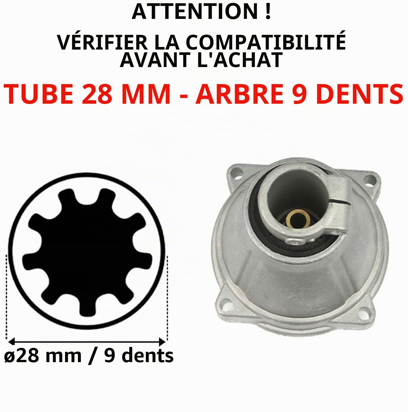 IMJ-Global Boîte de cloche d'embrayage à 9 dents | Diamètre 78 mm | Diamètre pour tuyau 28 mm | Distance entre les trous 71 mm | pour débroussailleuse tondeuse universelle | Pièce de rechange