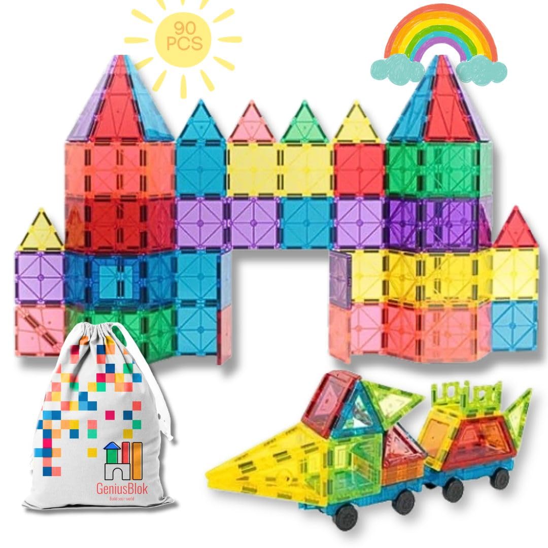 GeniusBlok Construcciones Magnéticas niños 90 Piezas Niñas Bloques Magnéticos de Construcción Niños Juego de Imanes para Niños Juguetes 3 Años Regalo Ideal
