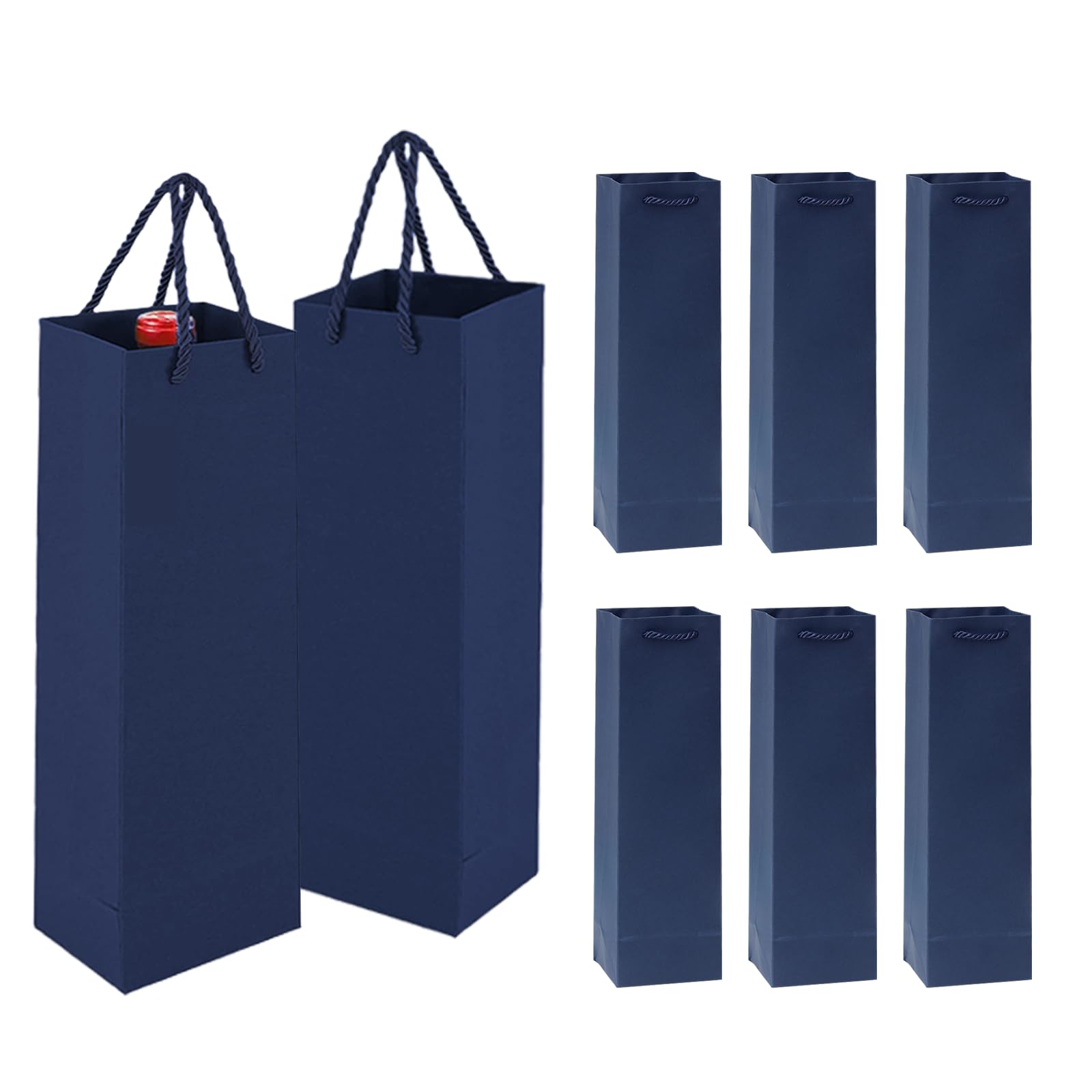MORAINJAY 8 Pack Blue Bottle Bags for Wine,Kraft Paper Xmas Wine Gift Bags with Handles,Single Champagne Bottle Gift Tote Bag for Christmas,Wedding,New Year