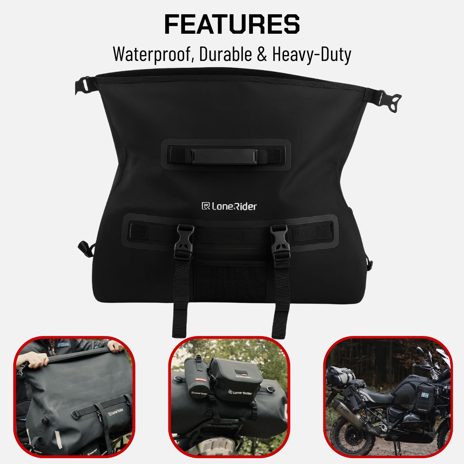 Lone Rider Borsone Impermeabile 50 L per Moto, Antipolvere e Arrotolabile, per Campeggio e Kayak, TPU 600D con Cuciture Saldate, Valvola dell'Aria, Pannelli MOLLE e Cinghie a Sgancio Rapido