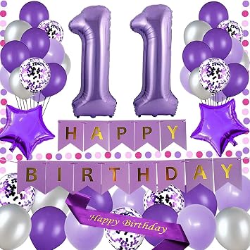 11st Birthday Party Decorations Purple Happy Birthday Paper Banner Purple 40inch Number 11 Happy birthday Sash Latex and Confetti Balloons Perfect for 11 Years Old Party Supplies Balloons