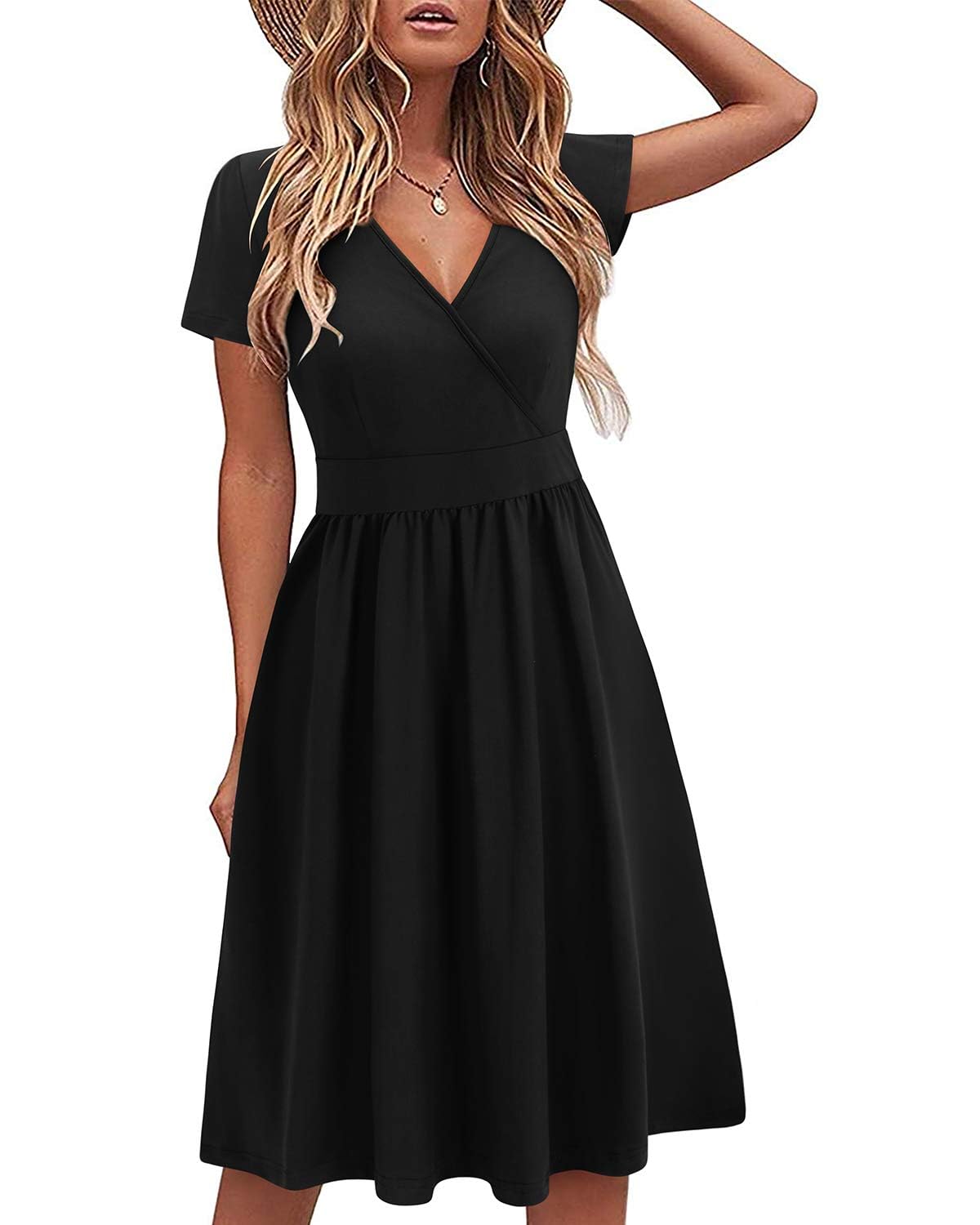 VOTEPRETTY Damas Vestido de Verano Manga Corta Cuello en V Vestido Envolvente Vestido a la Rodilla con Bolsillos
