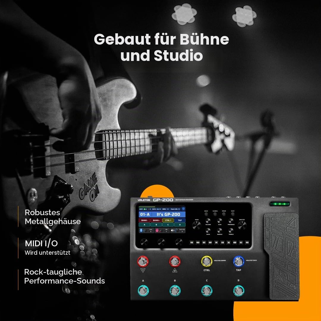 VALETON Gitarren Bass Effektpedal Multi-Effekte Prozessor Amp Modeling IR Cabinets Simulation mit FX Loop MIDI I/O Expression Pedal Stereo OTG USB Audio Interface GP-200 + Bag