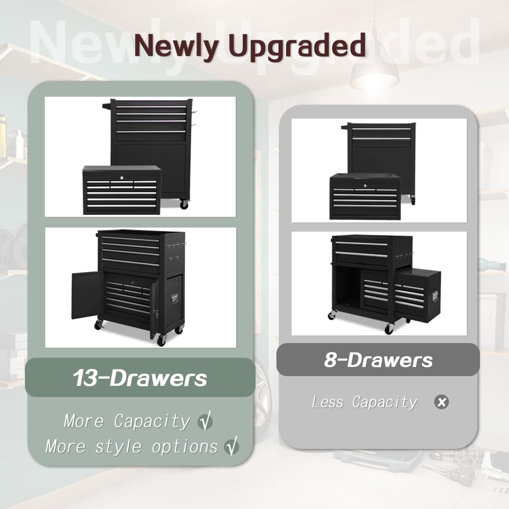 13-Drawer Tool Chest with Double Door and Wheels, 2 in 1 Detachable Rolling Toolbox with Drawers,Large Tool Box with Lock,Mobile Steel Tool Cabinet Storage (Black)