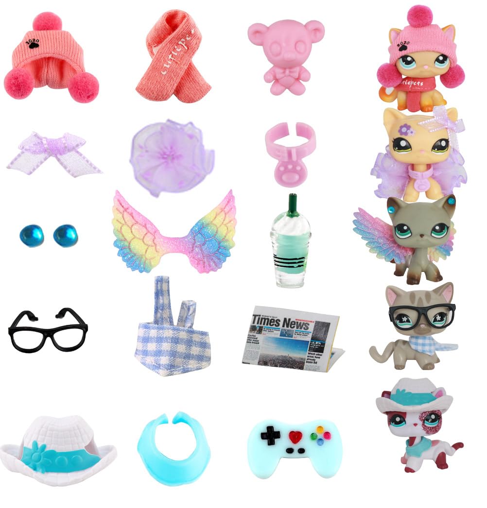 Hat Scarf Clothes Bow Skirt Collar Wings Glasses Newspaper Bandans Game Player Drink Accessories Lot (Set of 5) Fit for LPS Shorthair Cat Kitten Wolfcat Fox Collie Cocker Spaniel