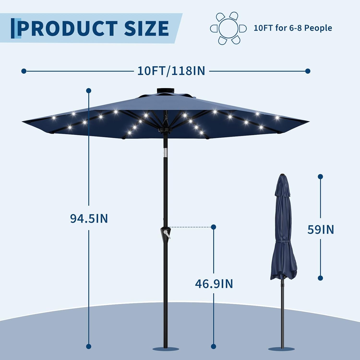 Garvee 10FT Solar Patio Umbrella with 32 LED Lights - Outdoor Table Umbrella with Crank Lift, Push Button Tilt and 8 Sturdy Ribs - Market Umbrella UV Protection for Pool, Deck, Yard, Garden -Navy Blue
