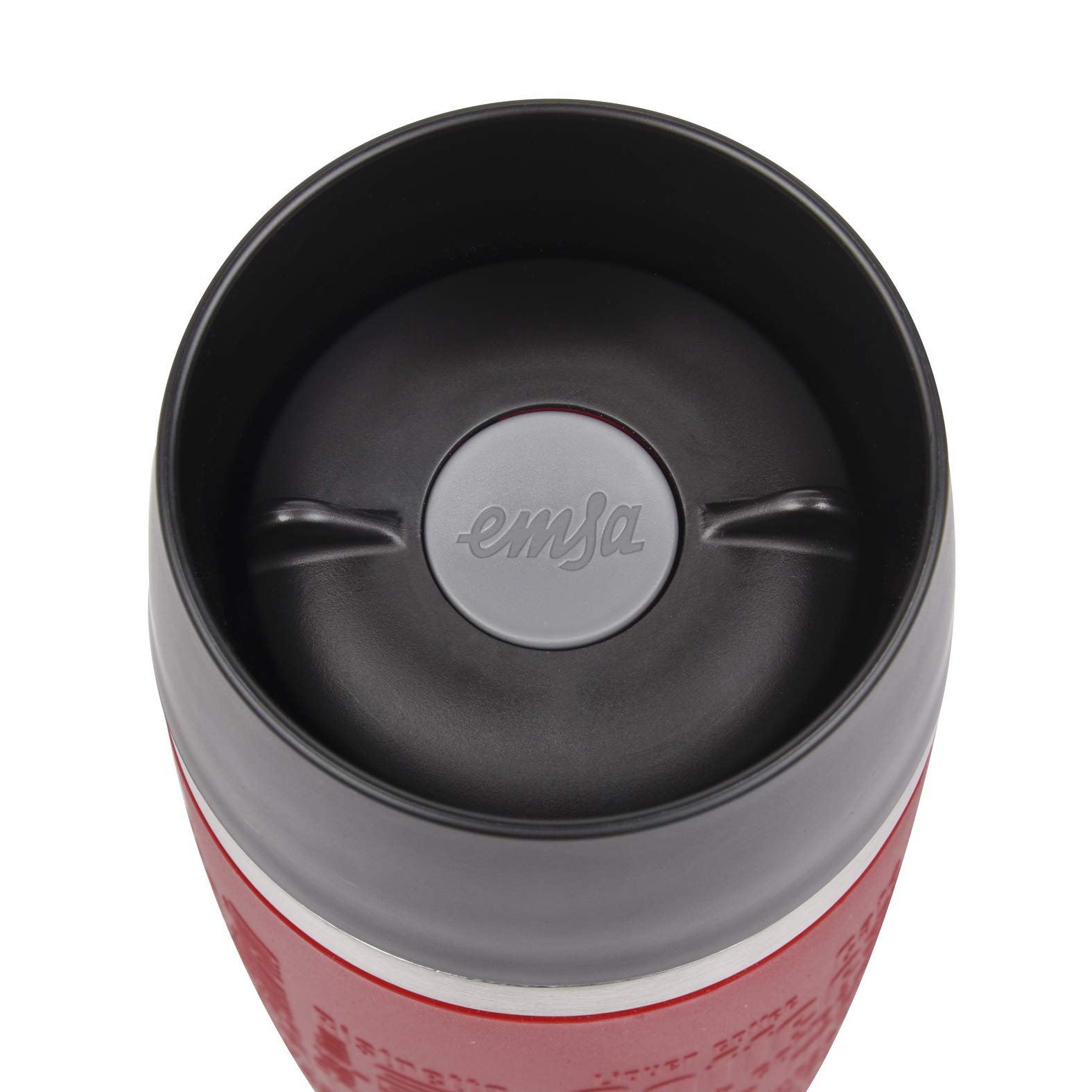 Emsa Travel Mug - Taza térmica de 0,5l, Mantiene Calor 4 h y frío 8 h, Acero Inoxidable con Base Antideslizante y Zona de Agarre de Silicona con Letras grabadas, Color Rojo
