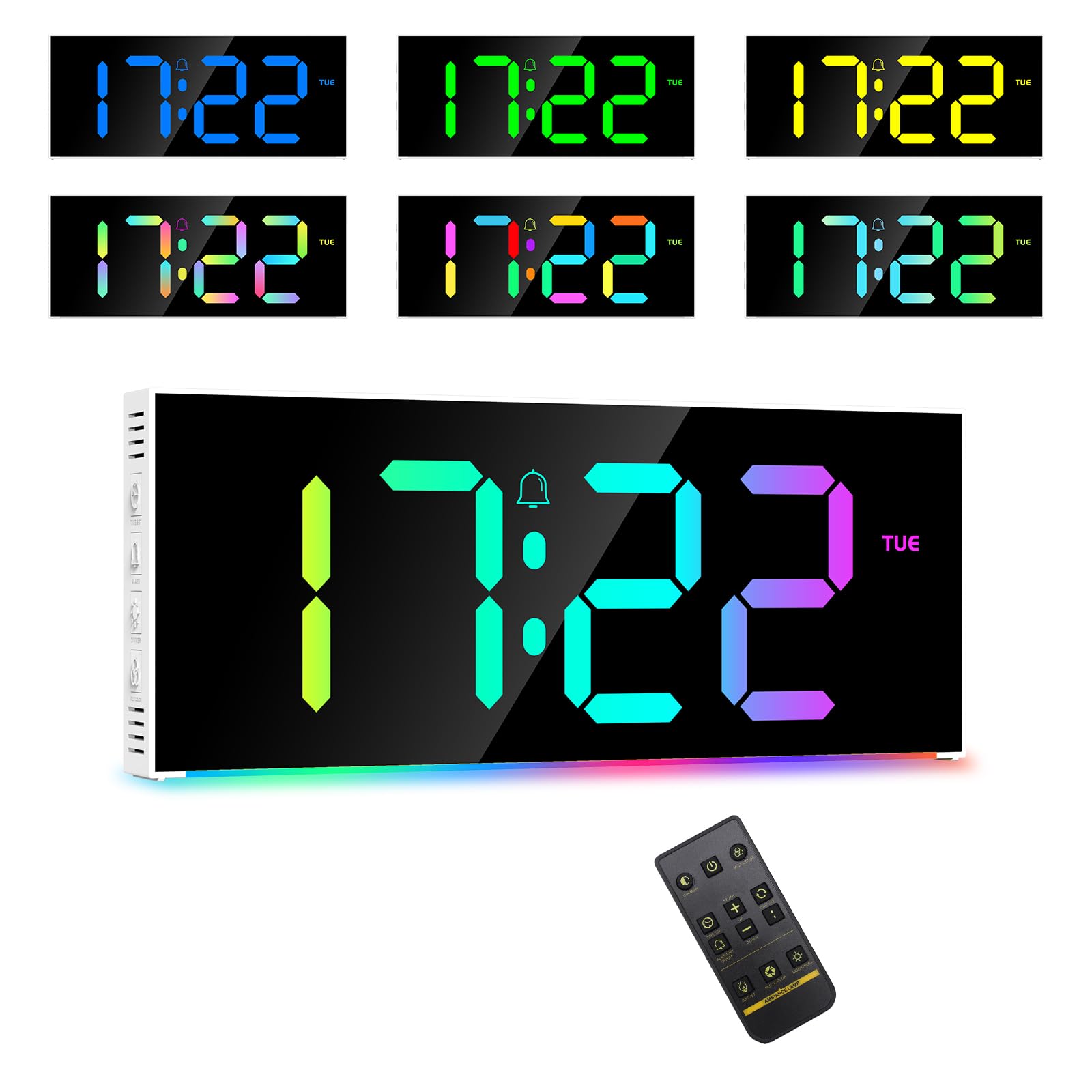 Horloge Murale, Réveil Numérique RGB Écran 12" avec Télécommande, 5 Niveaux de Luminosité, Affichage Date et Heure, Mode Nuit, Horloge Digitale pour Salon, Salle de Sport