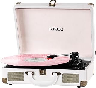 Record Player 3 Speeds Turntable with Bluetooth Built-in Battery Stereo Speakers Vintage Record Player Belt Driven Portable Suitcase PC Recording White