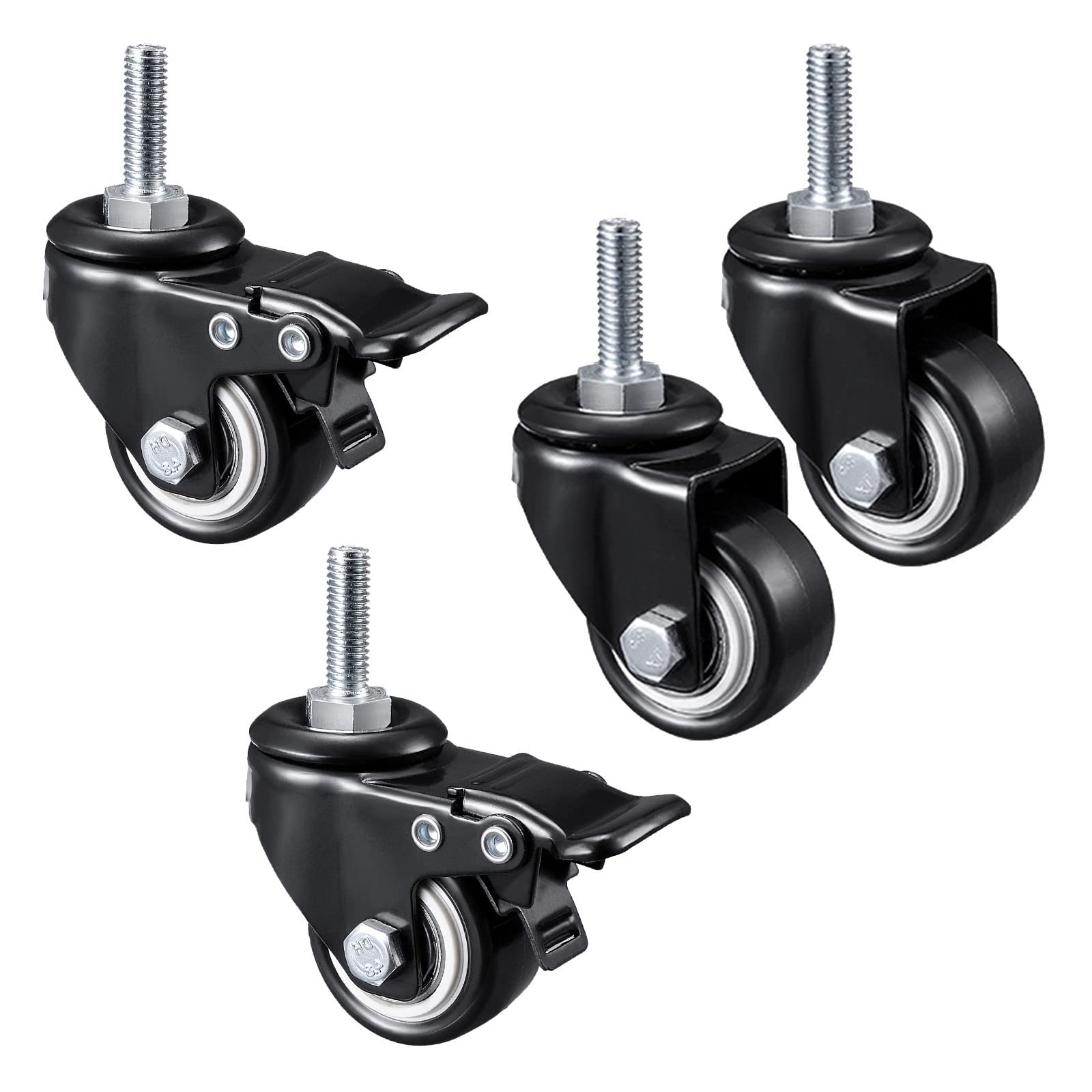 Ruedas giratorias de Alta Resistencia de Goma PU, Ruedas para Muebles con/sin Freno, Ruedas de Repuesto para carritos/sillas, Ruedas de Transporte, 2 sin Frenos + 2 Frenos - 50 mm/M8 x 25 m