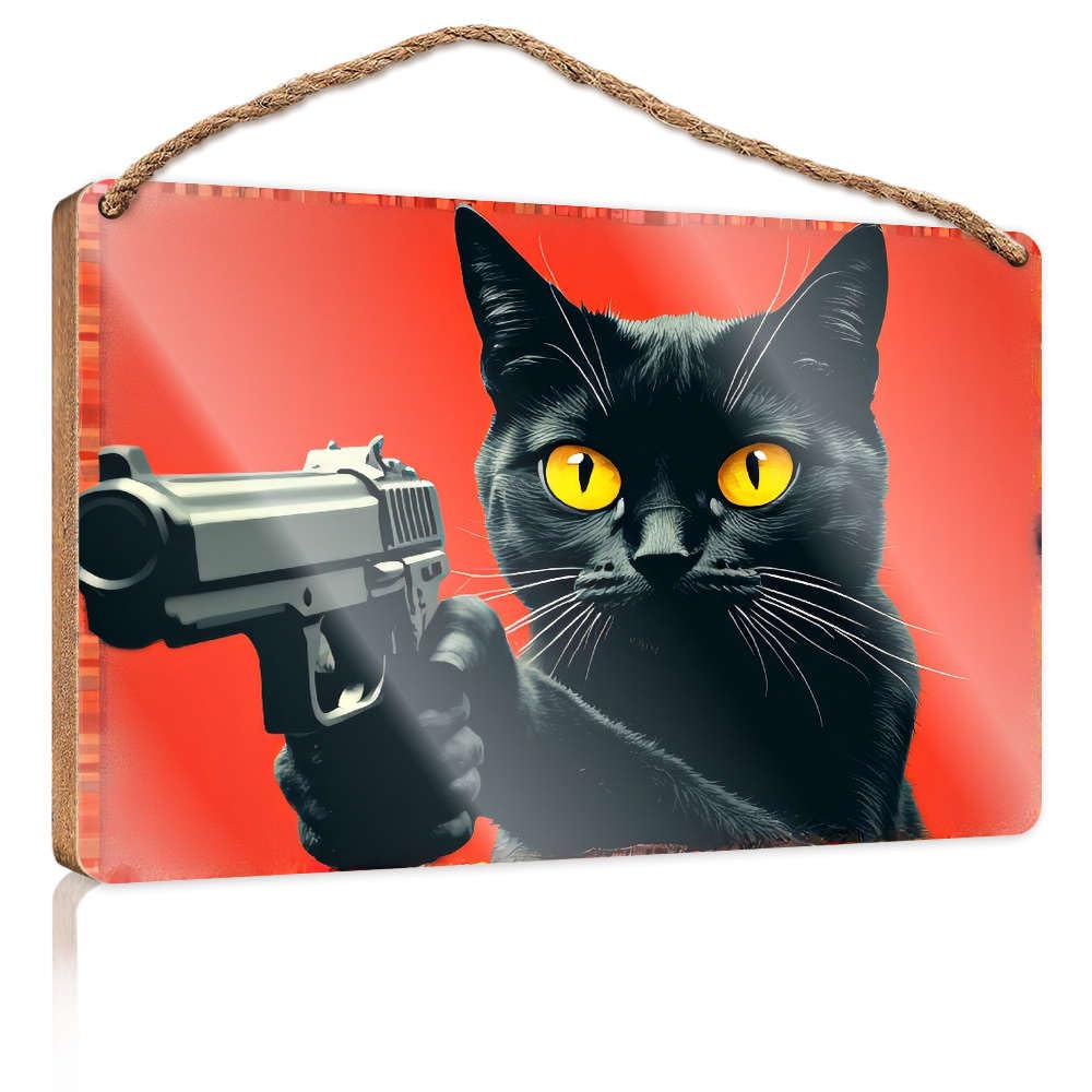 Wooden Decorative Plaque A Black Cat Holding A Gun Against A Red Background. Office Decor For Wall Funny Porch Decorations(15X28CM)