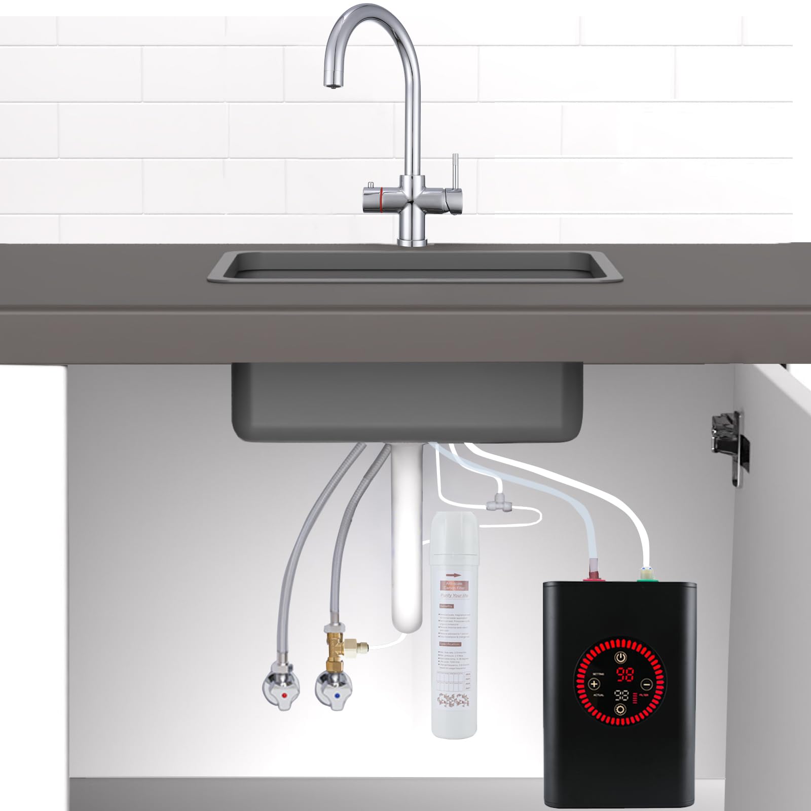 Grifo de agua hirviendo 4 en 1, filtrado en frío, grifo principal de agua caliente y fría instantánea con unidad de caldera y filtro de temperatura ajustable, aprobado por WRAS