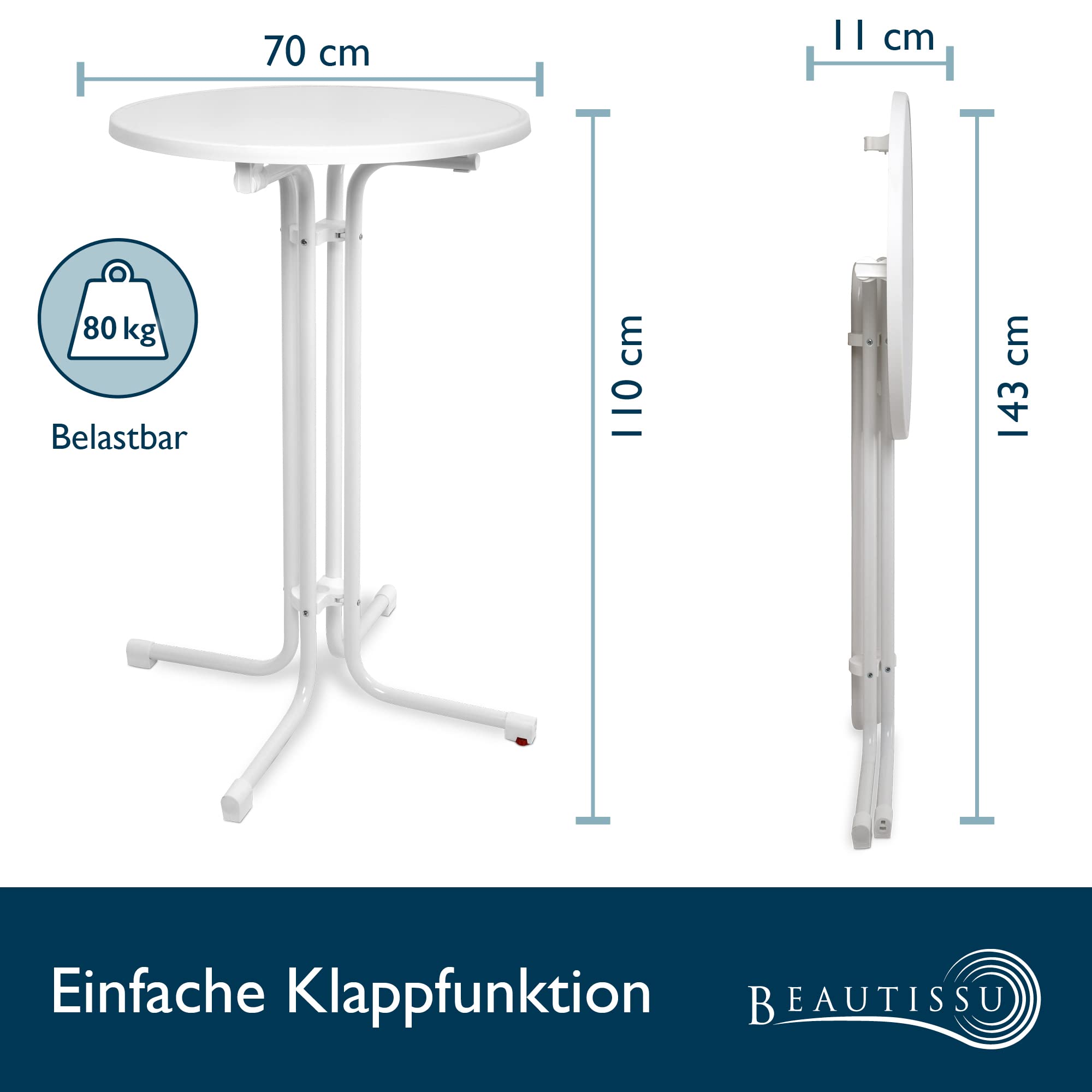 Beautissu Stehtisch Set Sylt - Klappbarer Outdoor Tisch 70cm Mit Husse Grau