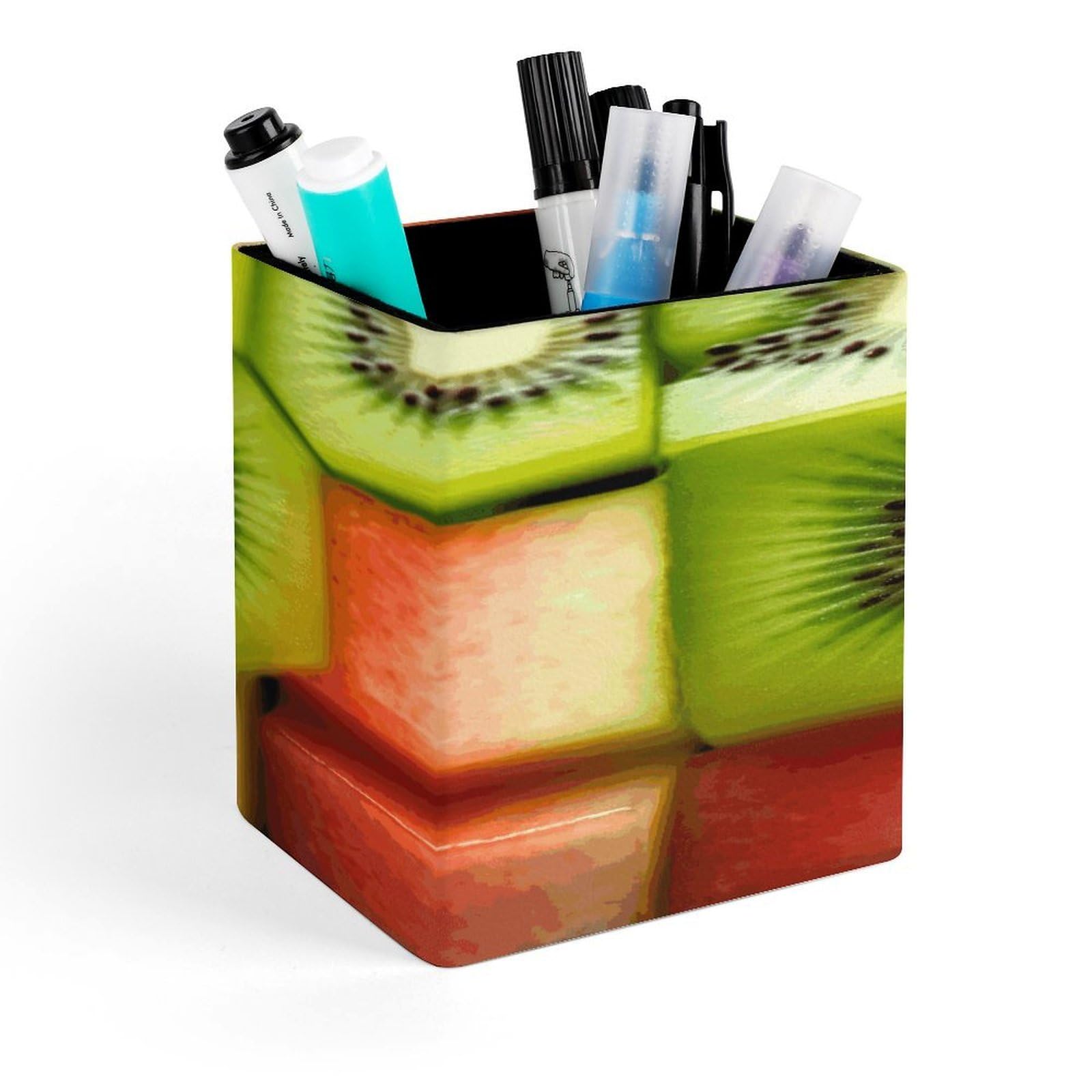 JTREHY - Kiwi Watermelon Pen Holder, Square Pencil Holder, Makeup Brush Holder, PU Leather Cups, Stationery Organizer, Office Accessories, Box for