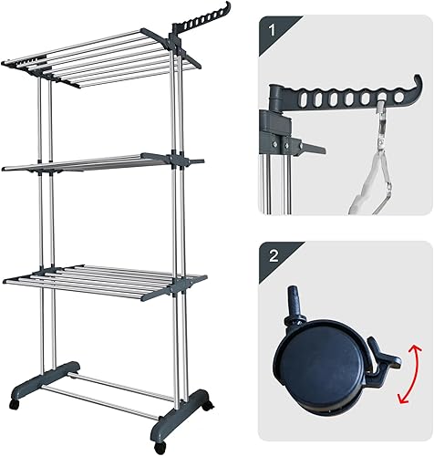 Miniatura 5 de Estantes de secado plegables de hierro con estantes de almacenamiento, perchero con ruedas de doble bloqueo, 4 estantes de ropa independientes con 2