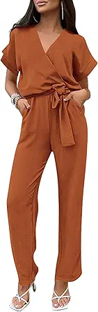 PRETTYGARDEN Women's Summer One Piece Jumpsuits Belted Short Sleeve Wrap V Neck Fashion Dressy Casual Wide Leg Pants Romper